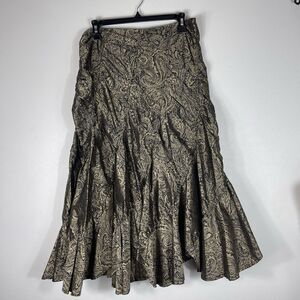 Areli Collection Silk Paisley Midi Skirt Size 10 Asymmetrical Boho Metallic USA